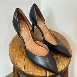 Calvin Klein Size 7.5 Solid Black Pointed Heals Leather Pumps D'Orsay Stiletto